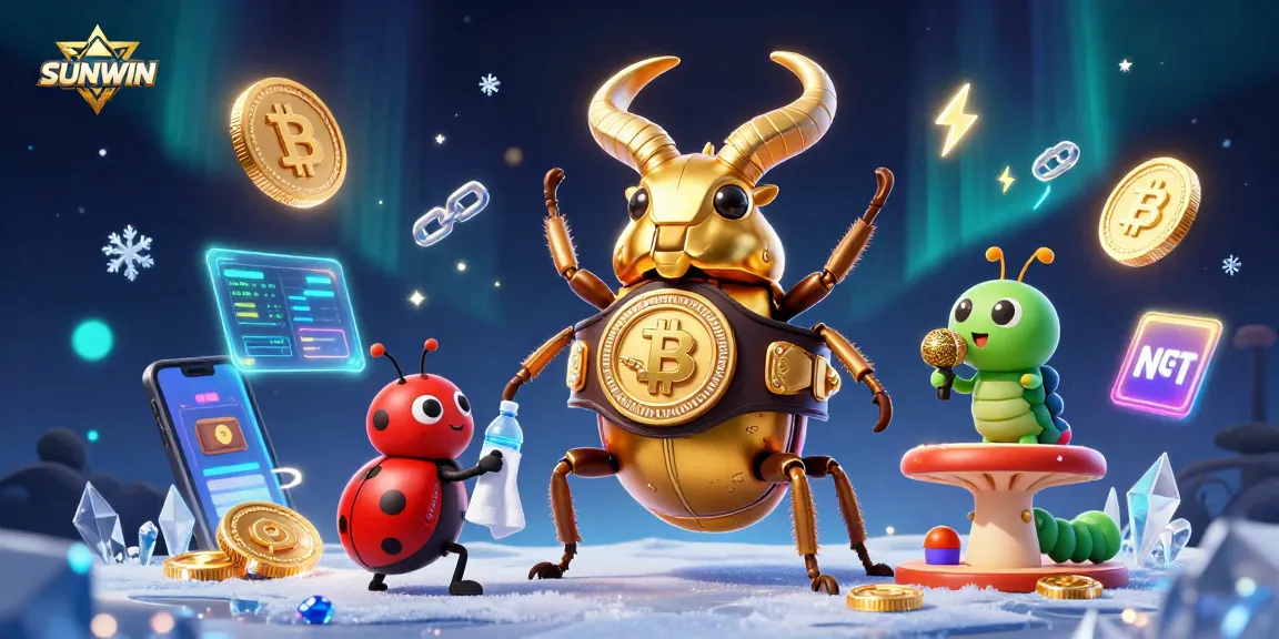SUNWIN brings excitement to the casino world with a vibrant scene featuring unique characters and cryptocurrency elements.