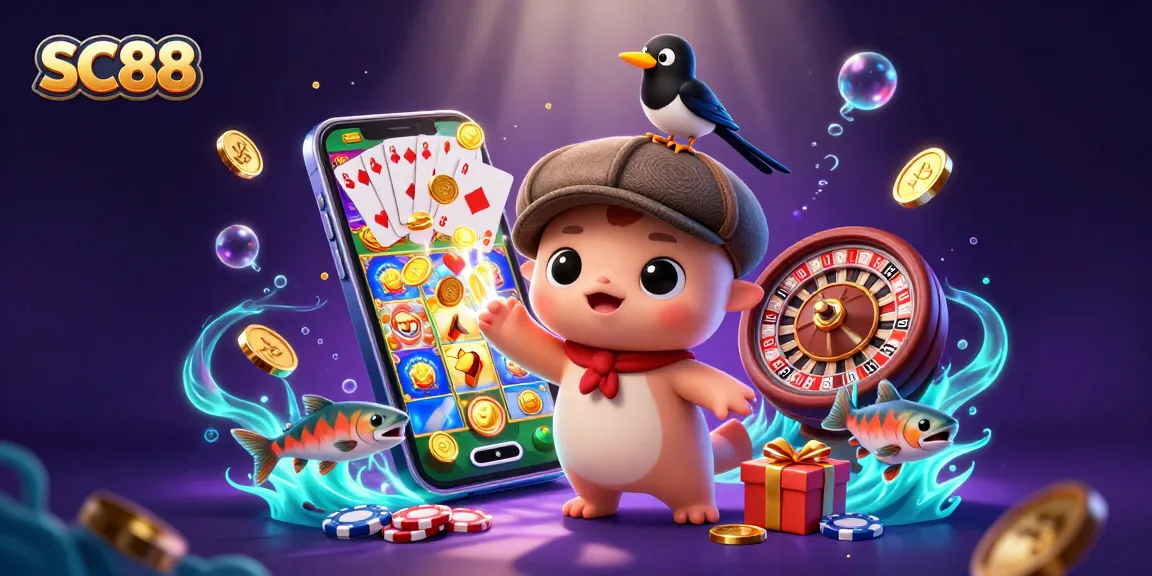 Spin to win with SC88's vibrant casino illustration featuring playful characters and exciting games