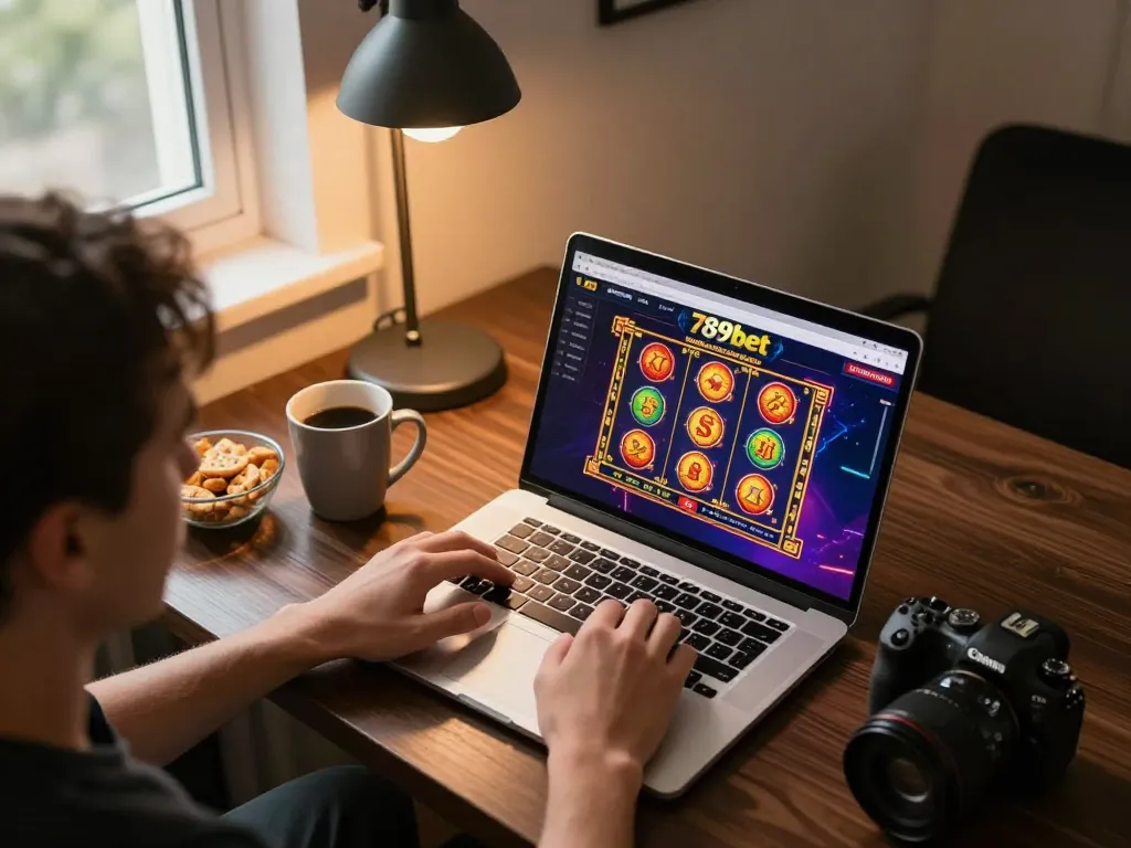 Player engaging with 789bet online casino on laptop, showcasing vibrant gaming interface and strategic gameplay.