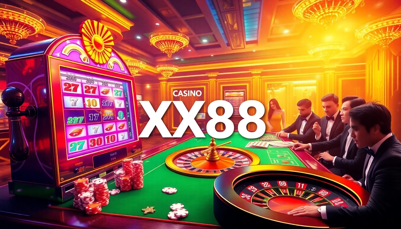 Gambling excitement with XX88 showing vibrant slot machines, poker chips, and roulette action.