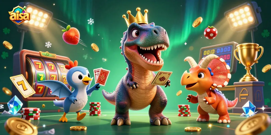 A dynamic illustration of a friendly T-Rex shuffling cards with a pterodactyl assistant, representing aisa's vibrant casino experience.