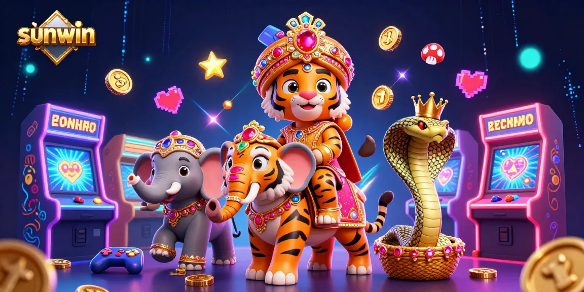 Experience thrilling gameplay at sunwin with a majestic maharaja tiger, colorful arcade elements, and casino vibes.