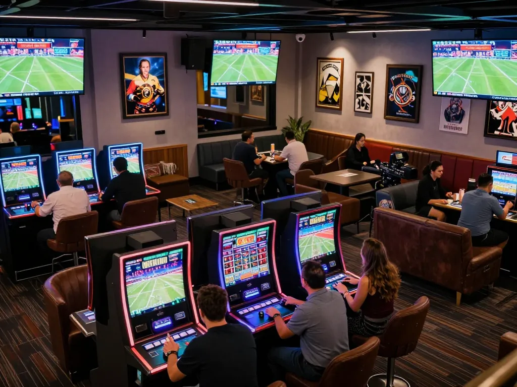 Kèo Nhà Cái features vibrant sports betting lounge with patrons engaged in live events