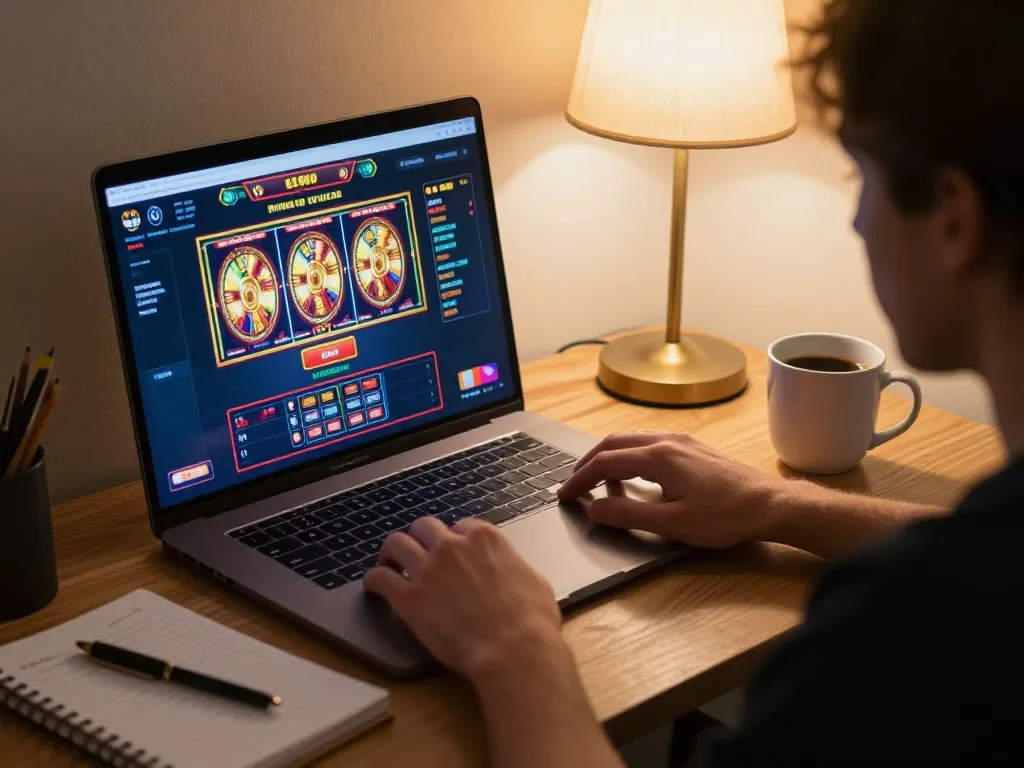Engaging online gaming experience on https://ok904.com/ with cozy home setting and strategic notes visible.