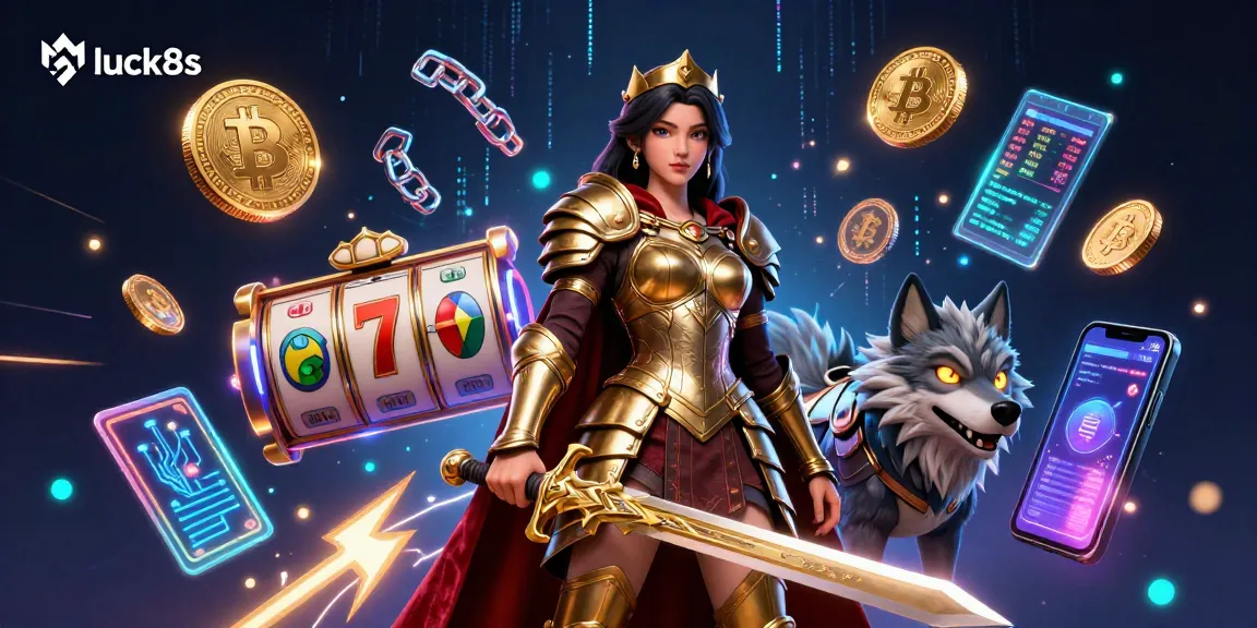 Join luck8s in an exciting 3D illustration featuring a warrior queen and her glowing wolf companion amid dynamic slot reel elements and crypto coins.