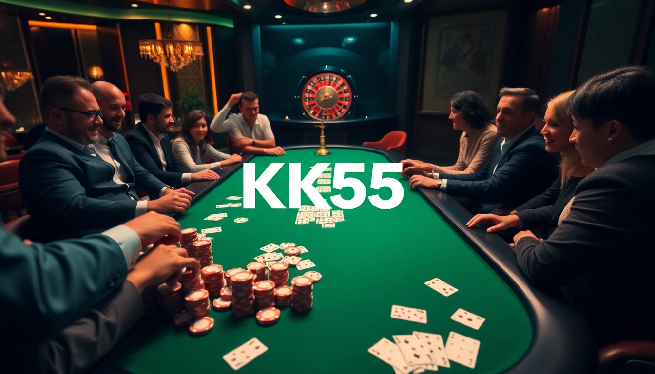 Players strategizing at a KK55 poker table in a luxurious casino.