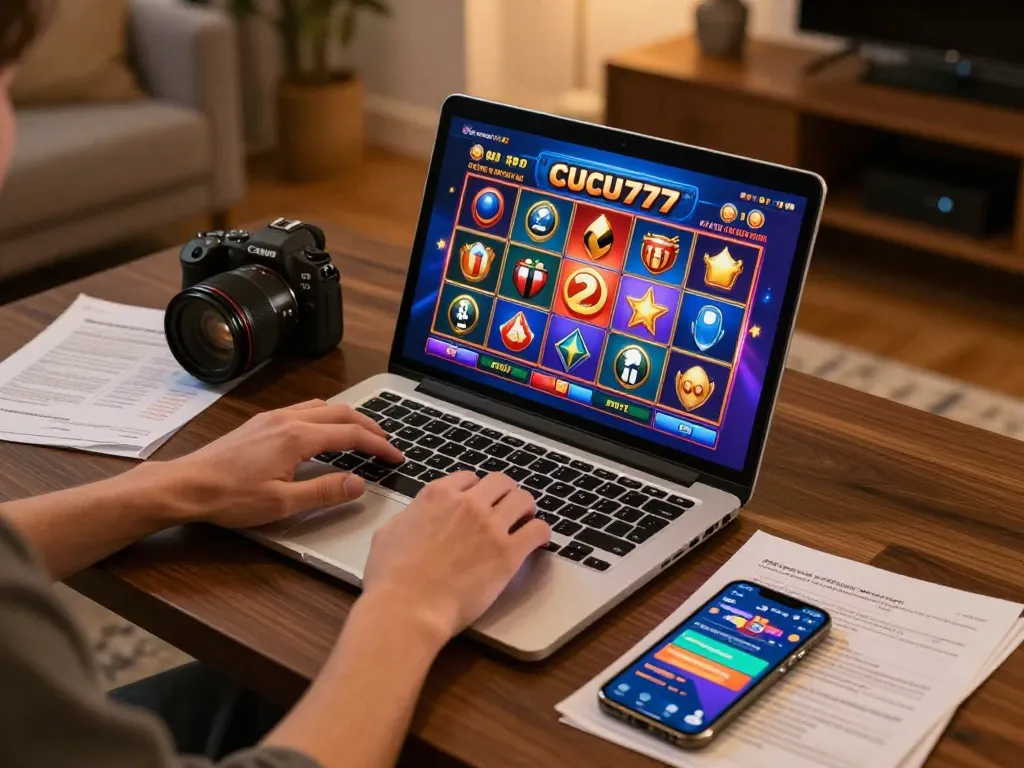 Play exciting online slots on CUCU777 with vibrant interface and cozy gaming setup.