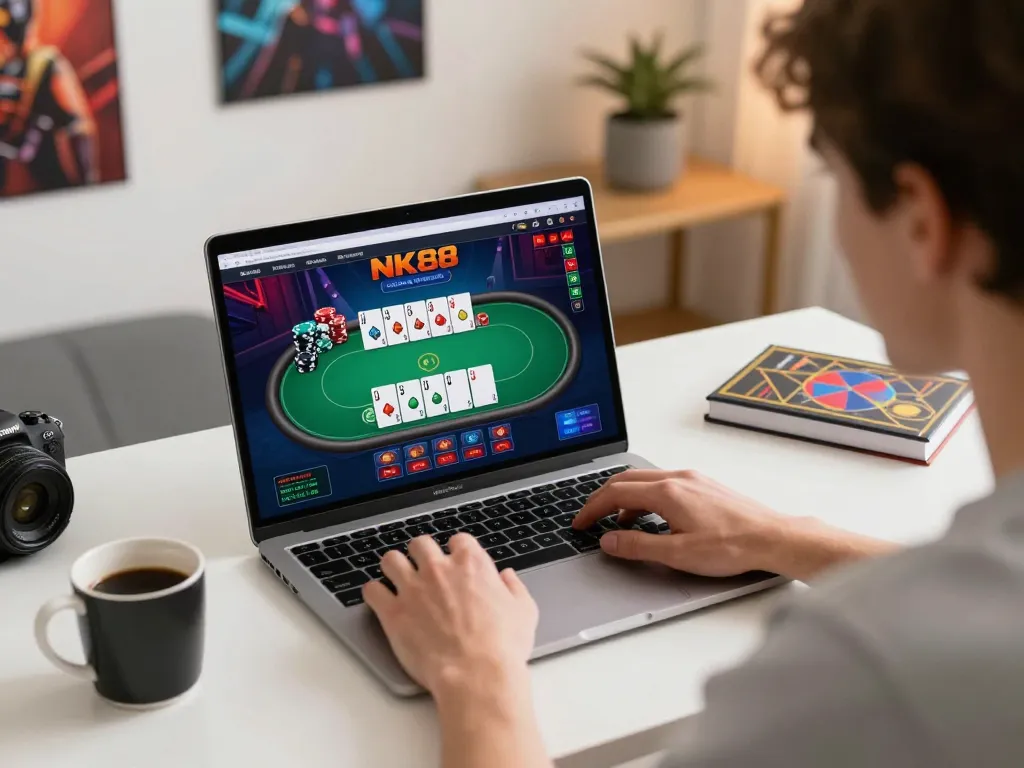 Engaged player enjoying the NK88 online casino experience from home with focused gameplay atmosphere