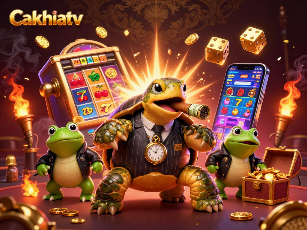 Cakhiatv's vibrant casino scene featuring a mobster turtle and bullfrog enforcers by a thrilling slot machine.