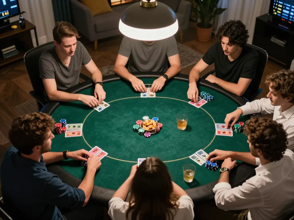 Players engage in a vibrant online poker game at home, showcasing 789club's exciting gameplay atmosphere.
