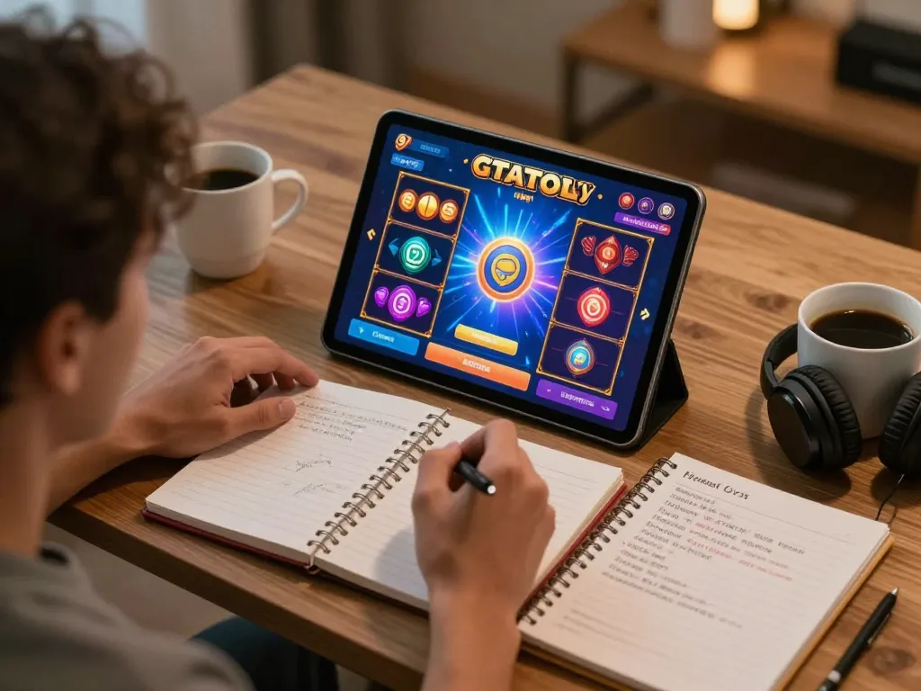Engaging in an exciting gtatogel slot game on a tablet, enhancing online gaming experience.