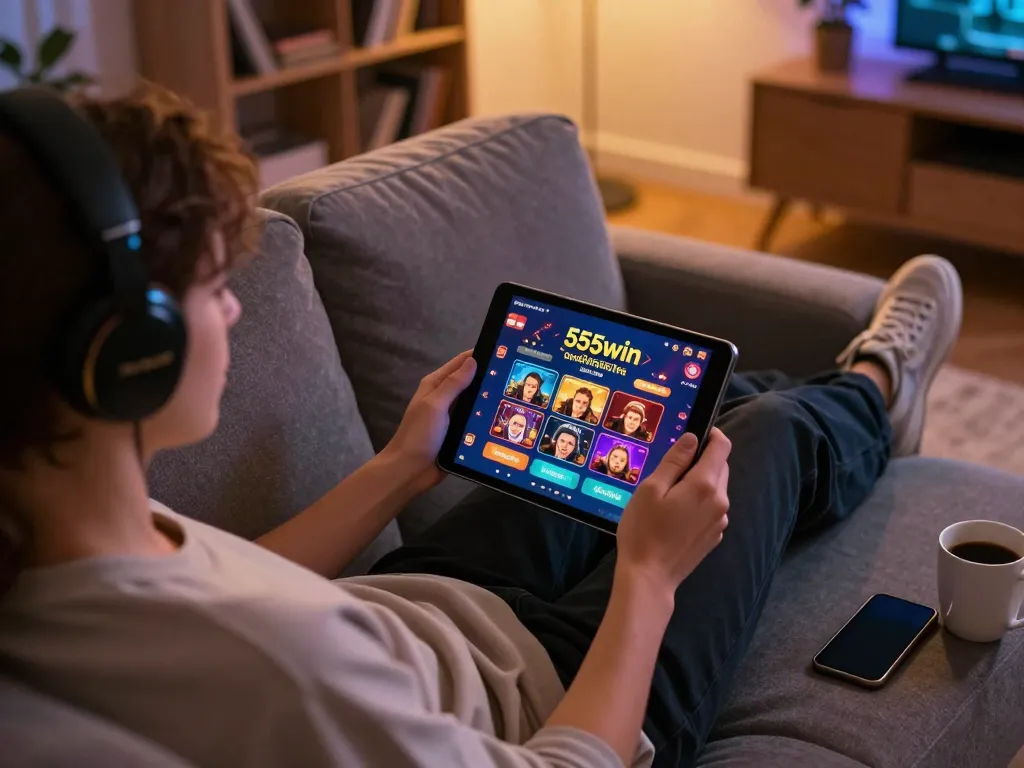 Engaging in online casino gaming on 555win with a tablet at home, showcasing a cozy atmosphere