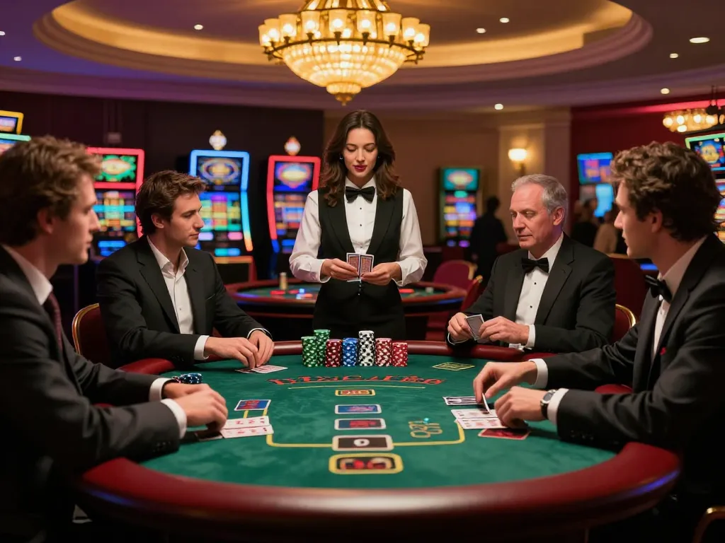 Players engaging in a high-stakes blackjack game at mb66 casino floor, chips stacked, vibrant dealer ambiance.