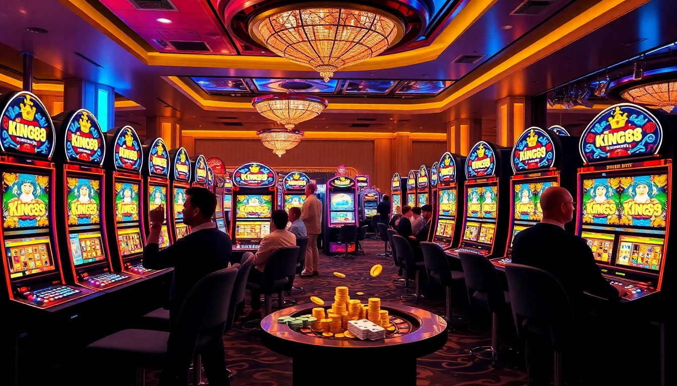 Exciting moment at King88 Slot Game with players celebrating wins, colorful machines, and casino atmosphere.