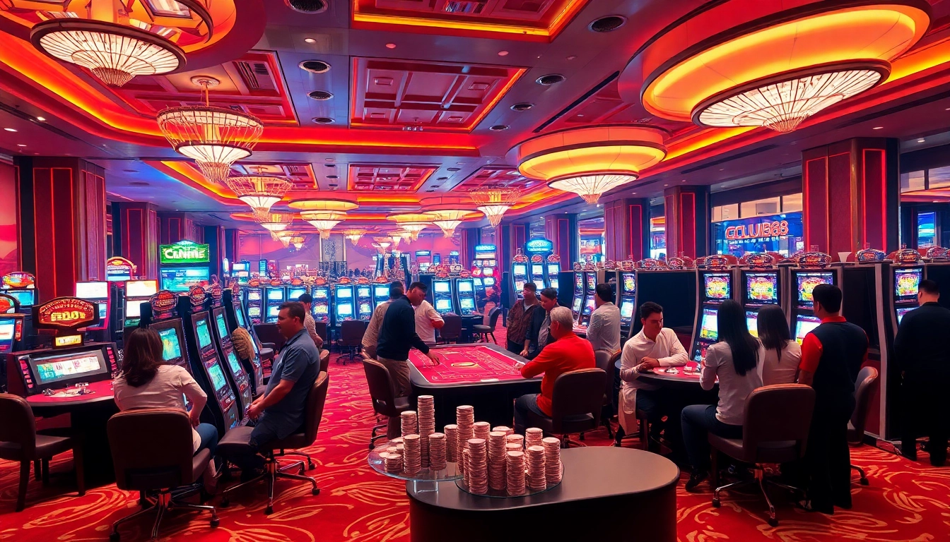 SCLUB88 NET showcases gamblers in an elegant casino environment, engaged around poker and dice games.