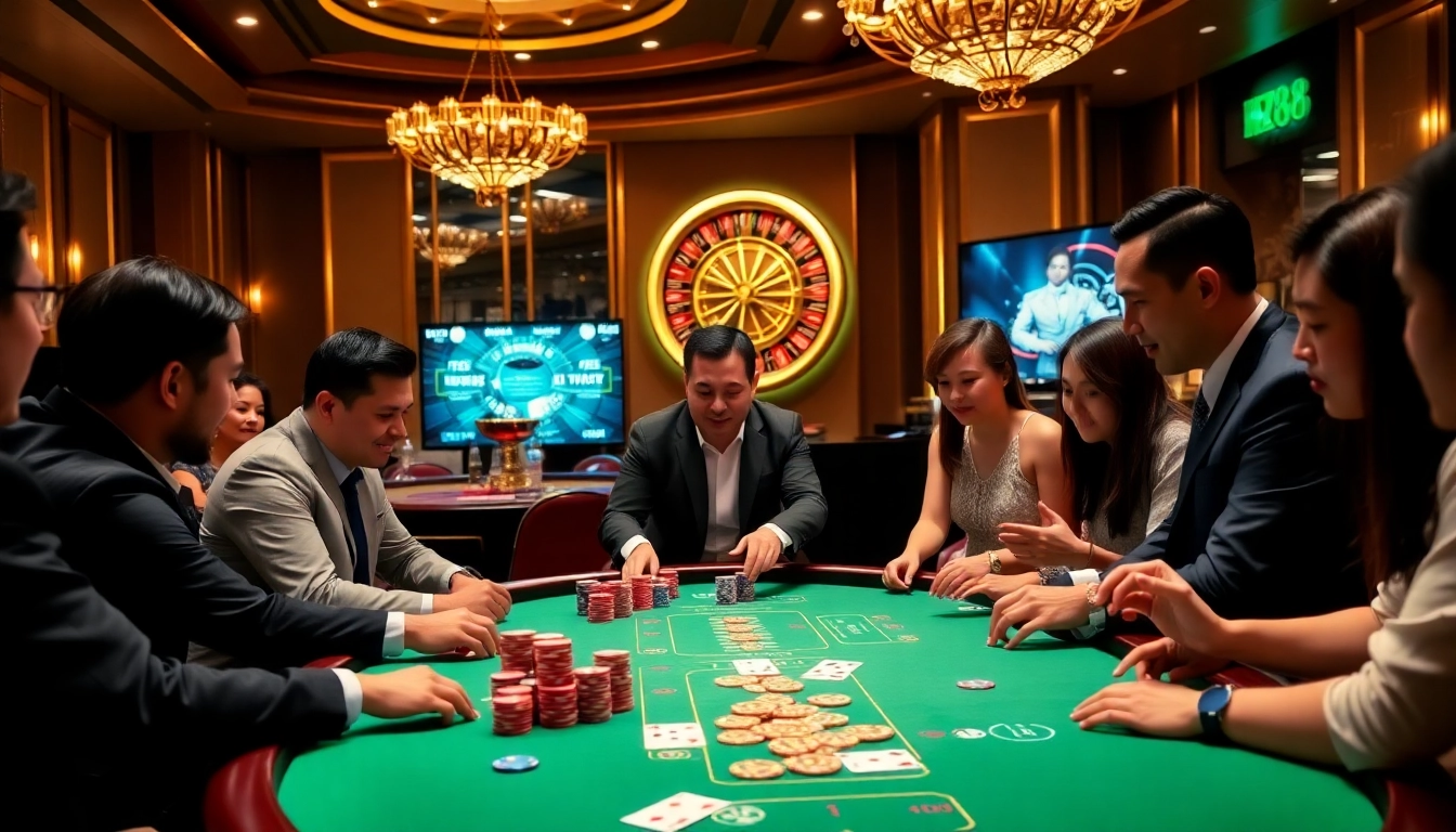 Players enjoying a high-stakes poker game at HZ88 casino, filled with vibrant poker chips and an elegant roulette wheel.