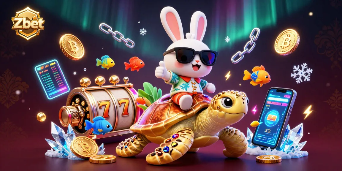 Zbet enhances your gaming experience with lucky rabbit, golden turtle, and crypto elements in this vibrant scene.
