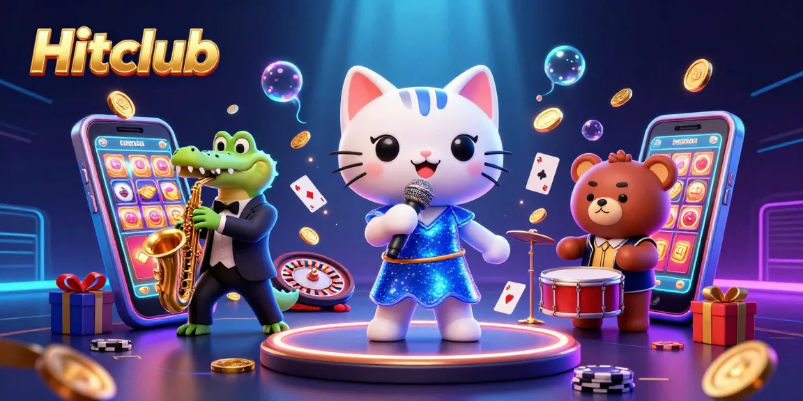 Hitclub captivates gamers with vibrant slot games featured in a lively casino scene.