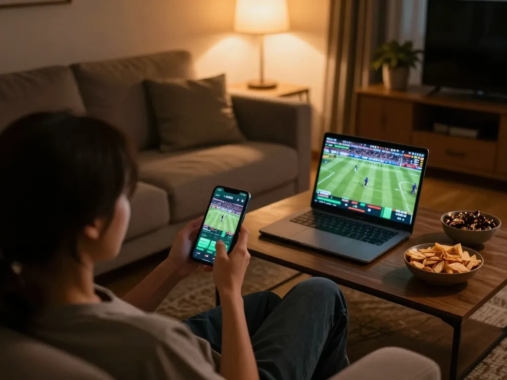 Engaging in sports betting on cakhiatv while relaxing at home with snacks and a smartphone.