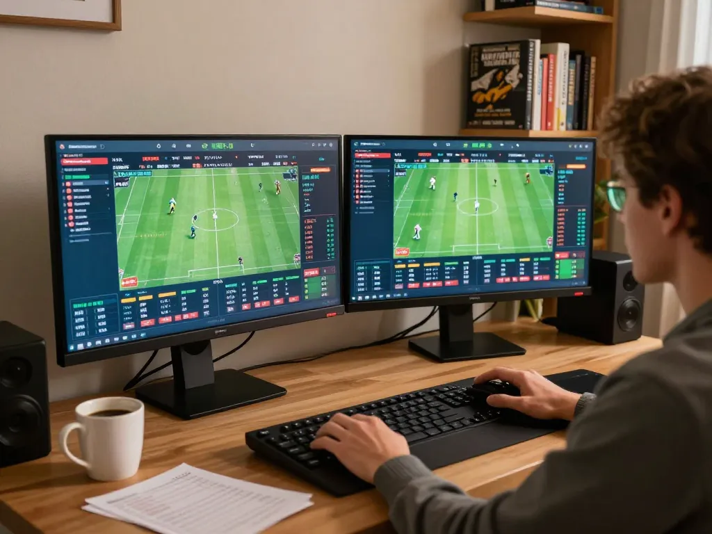Person engaging in sports betting on keonhacaii88, focused on dual monitors with live odds.