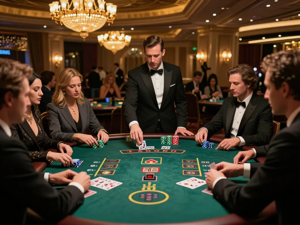 79KING players strategically place bets at an upscale blackjack table, vibrant casino atmosphere.