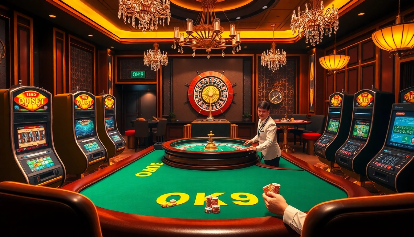OK9 players strategizing at an elegant casino table surrounded by vibrant slot machines.