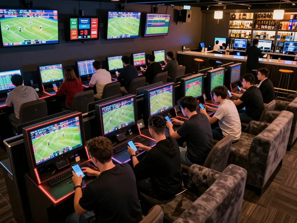 Engaged friends placing bets on sports events through Keo nha cai 5 in a vibrant setting.
