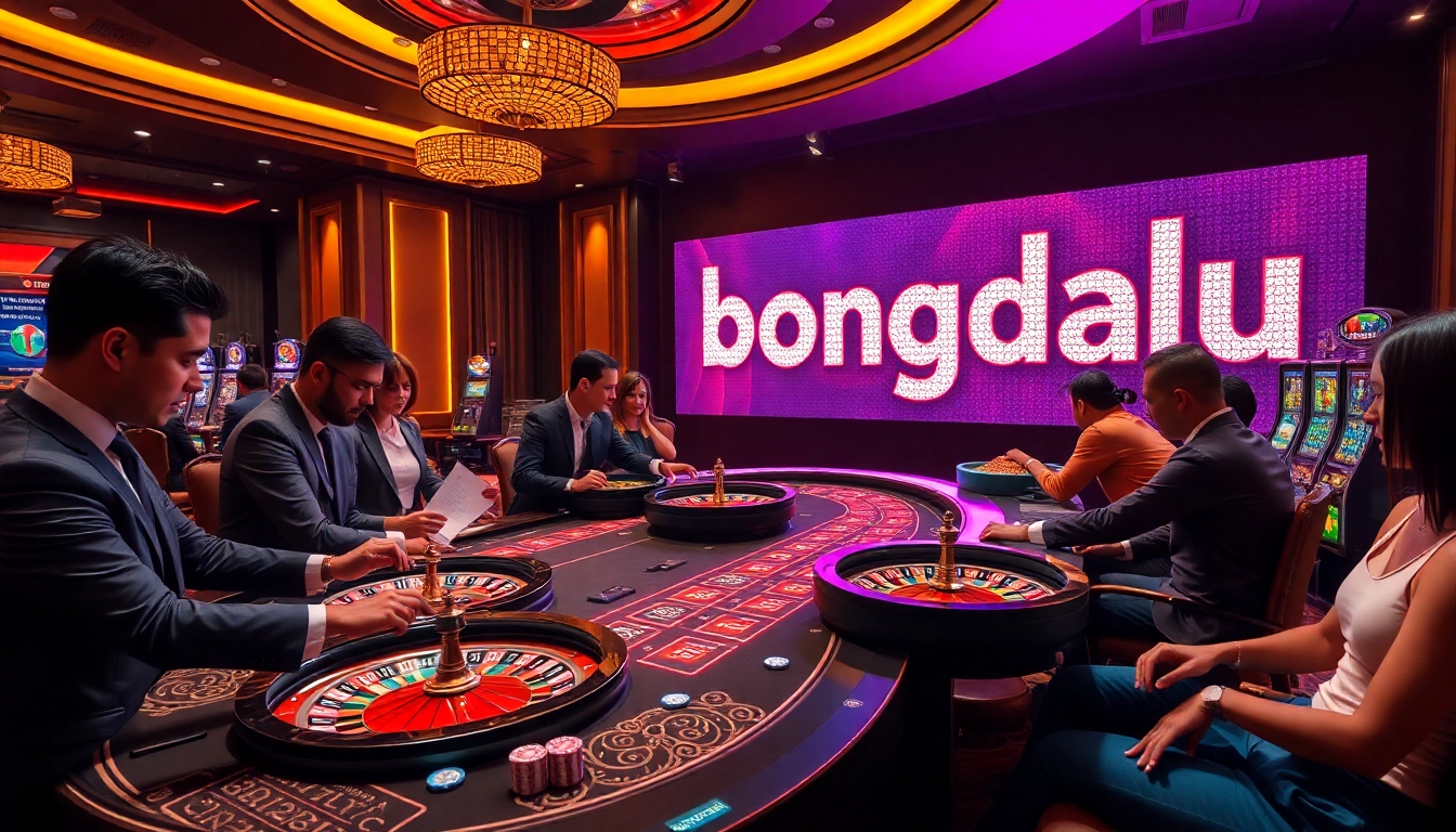 Bongdalu gamblers engaging at a vibrant casino table with poker chips and roulette wheels.