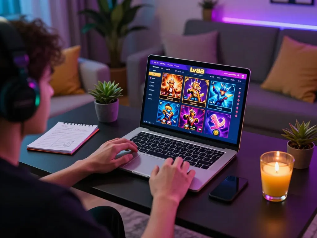 Gamer strategizing on lv88 casino games from a cozy home setup with engaging atmosphere.