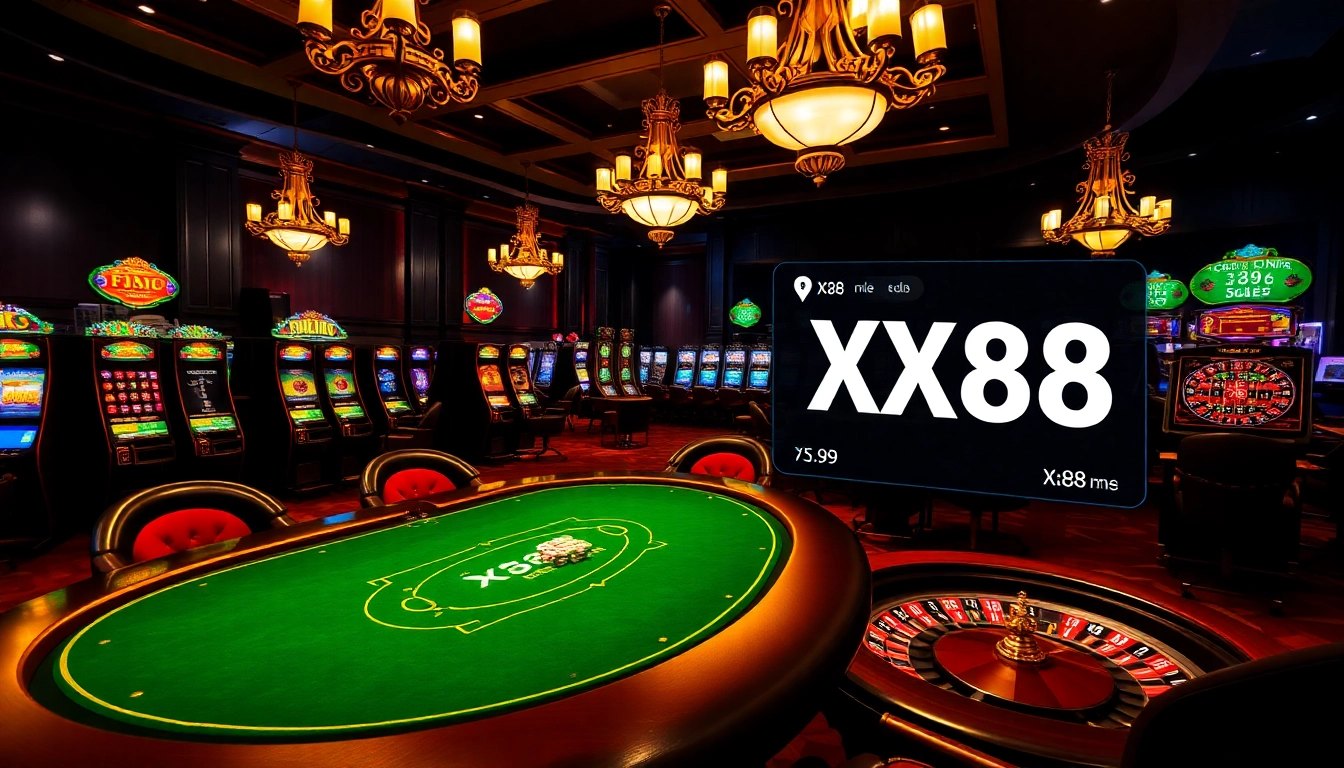 XX88 players strategizing at an upscale casino table filled with chips and cards.
