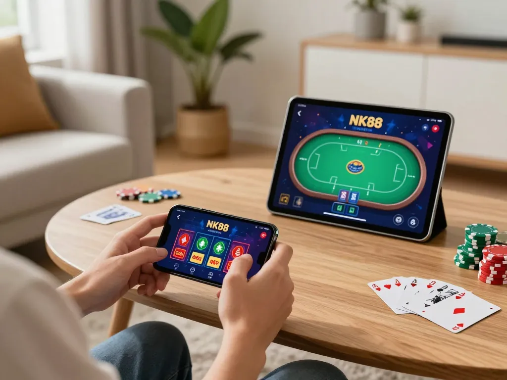 Engaging with NK88 app on smartphone during online casino gaming session in cozy home.