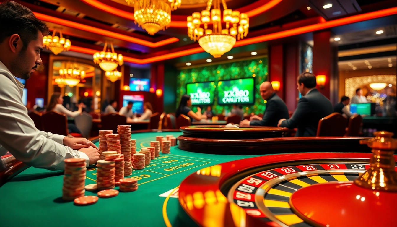 Players enjoying a Baccarat game at XX88 casino, showcasing excitement and luxurious ambiance.