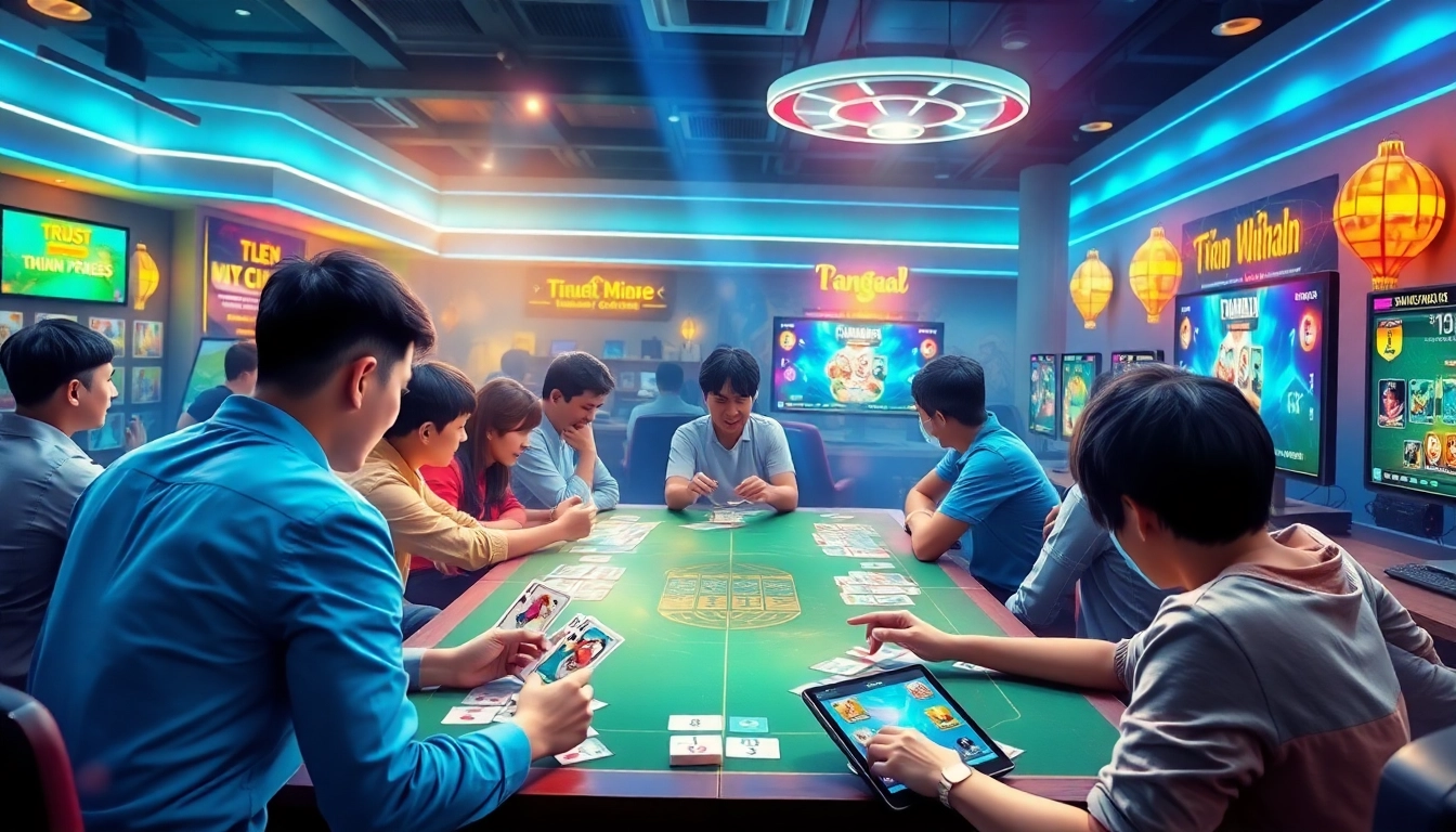Engaging online gaming scene from gamebaidoithuong.com.vc featuring vibrant card games and digital devices.