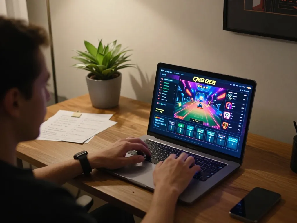 Experience thrilling gameplay on QE8 platform from a cozy modern home setup