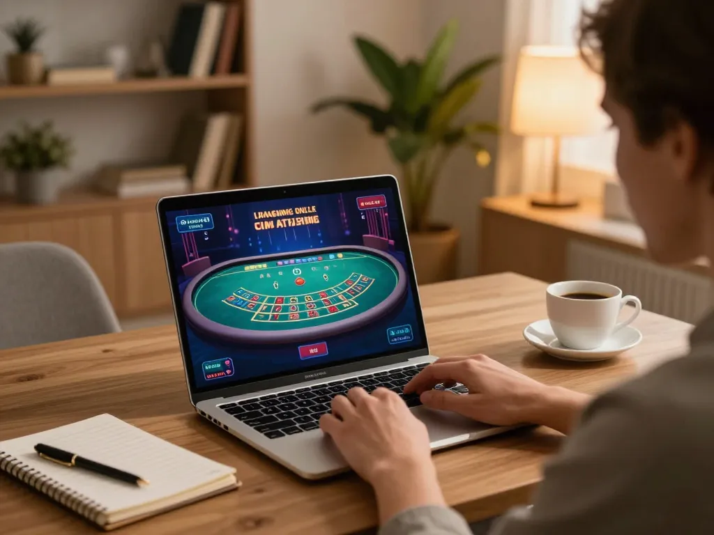 Player engages in JUN88 online baccarat with strategic notes and a warm home setting.