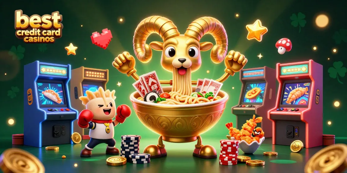 Experience the best credit card casinos with a lively illustration of a golden ramen dealer amidst vibrant gaming elements.