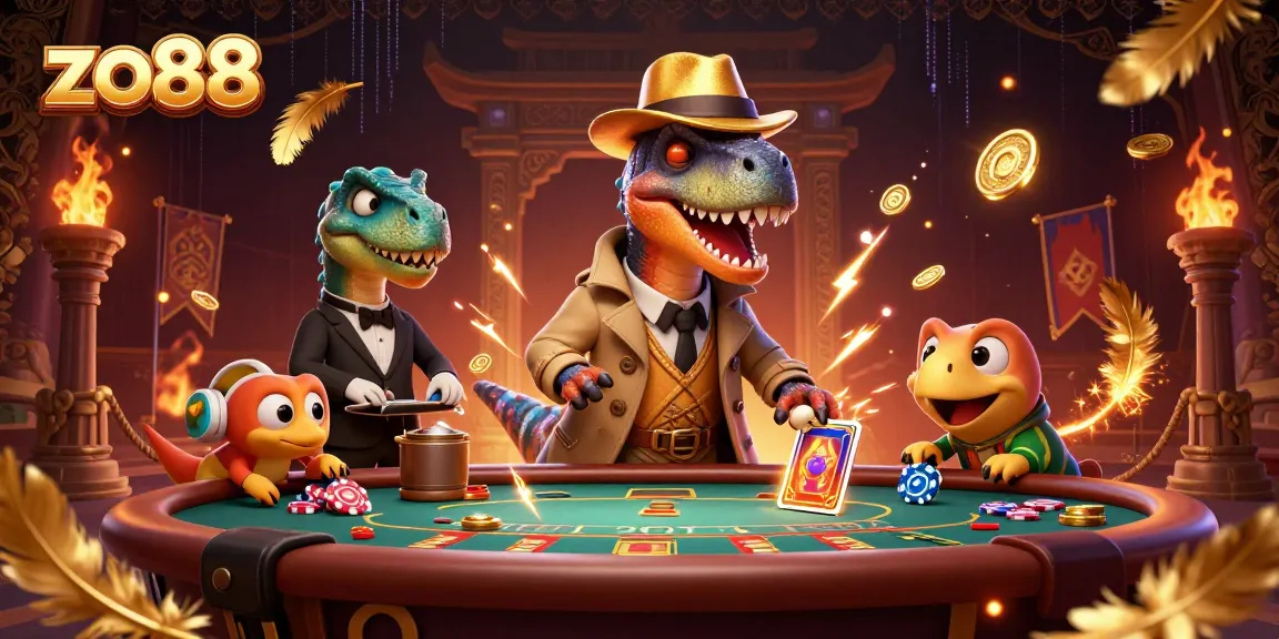 Experience thrilling bets with zo88 in a vibrant casino scene featuring a velociraptor card counter.