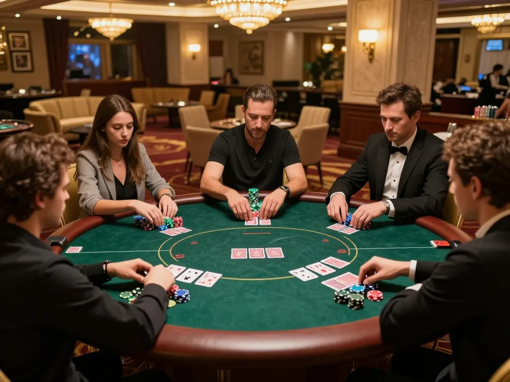 HD88 poker players engaged in high-stakes strategy in an elegant gaming suite.