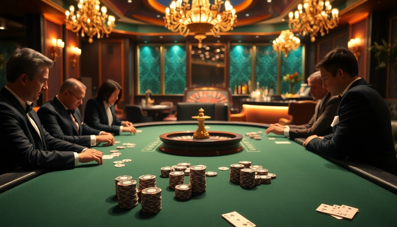 Exciting poker game at https://kim88.center/ with players focusing on their hands, chips, and vibrant roulette wheel.