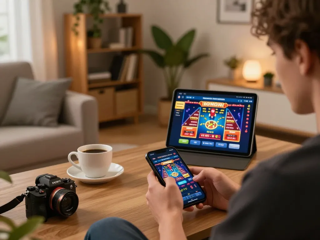 Enjoying immersive gaming on the 8EEE app from the comfort of home, showcasing a cozy atmosphere and engaging casino app features.