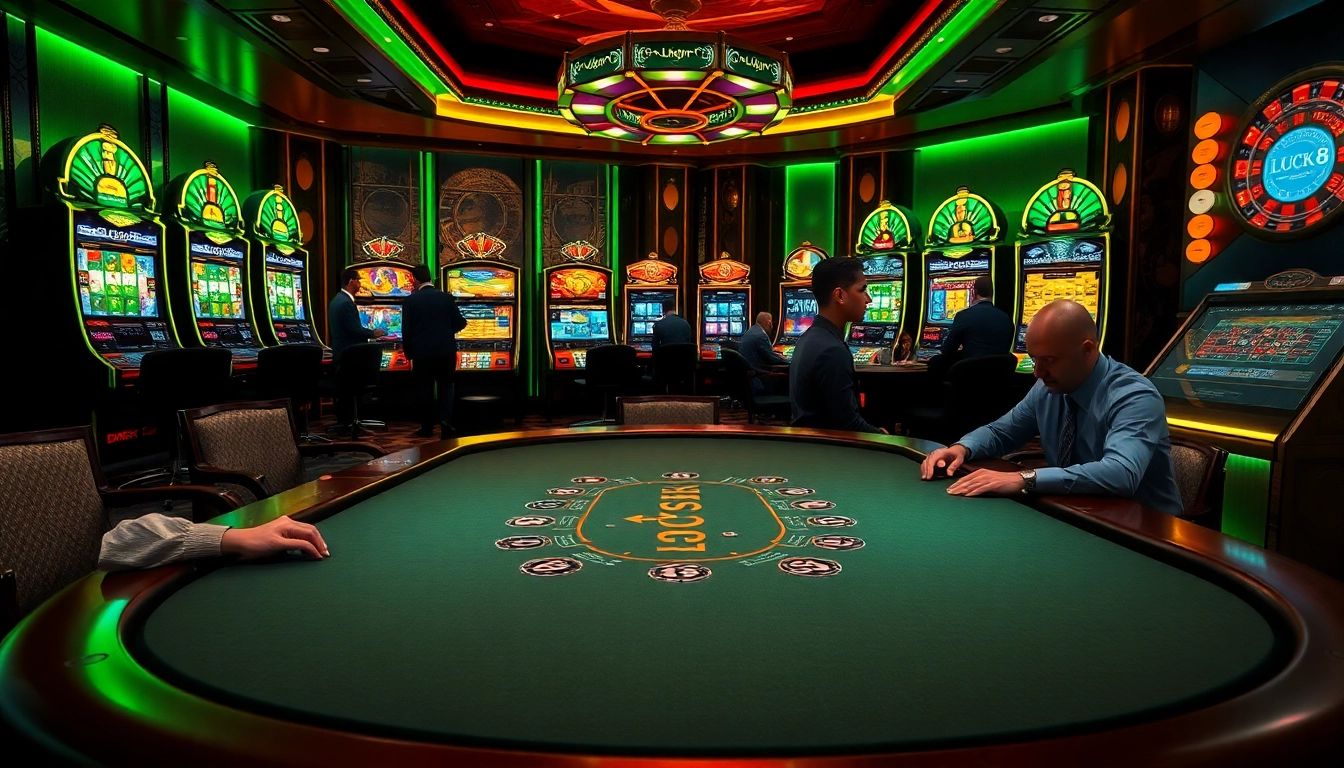 Experience the thrill of LUCK8 with luxurious poker tables and vibrant slot machines.