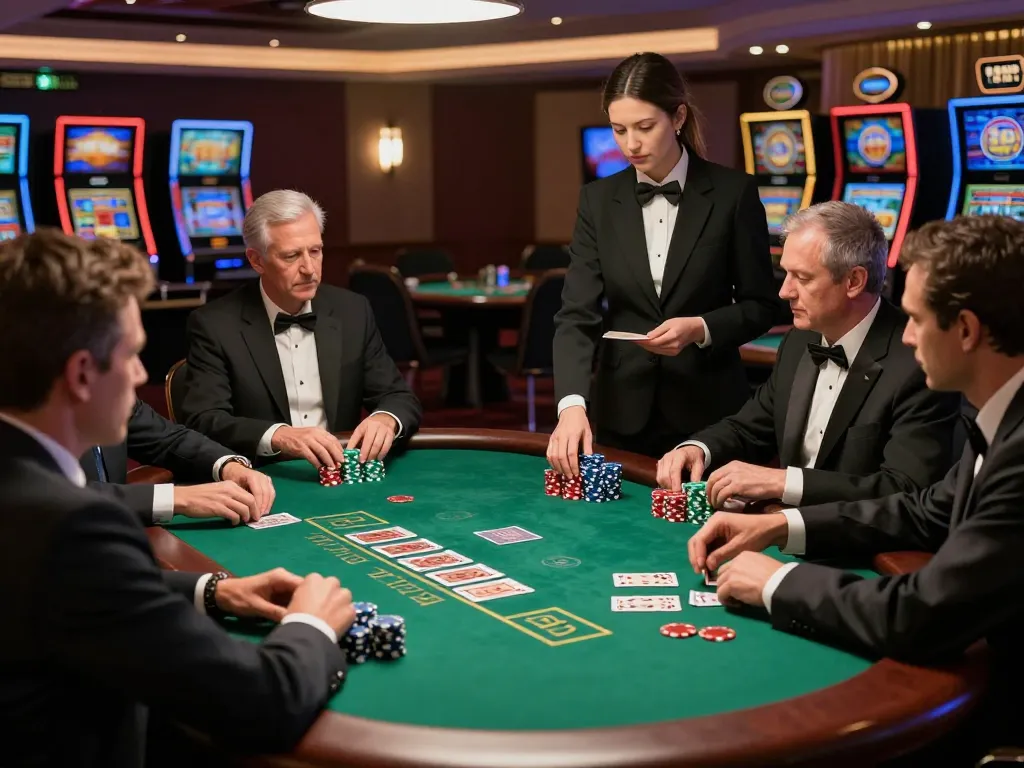 Players strategizing around a lavish blackjack table in a VB88 casino, chips stacked and cards dealt, capturing the gaming excitement.