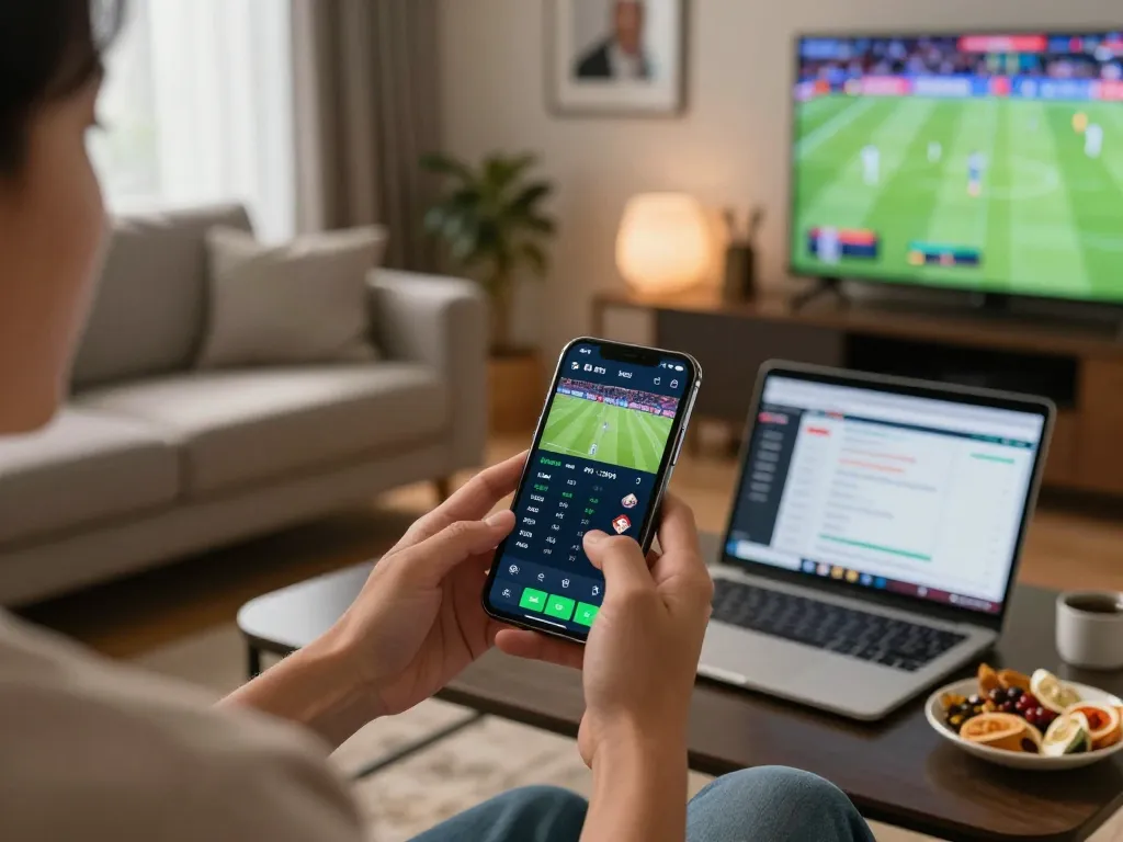 Person placing live sports bets using KO66 app on smartphone at home with exciting atmosphere