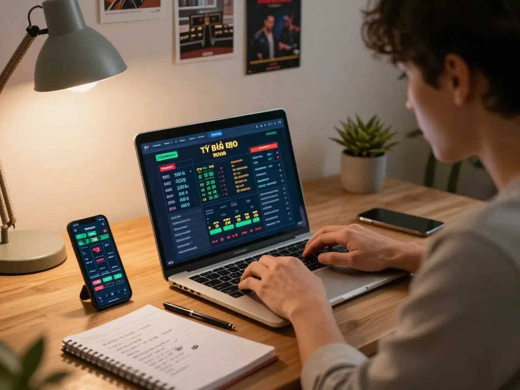 Analyzing tỷ lệ kèo nhà cái on laptop in a cozy, strategic home betting setup.