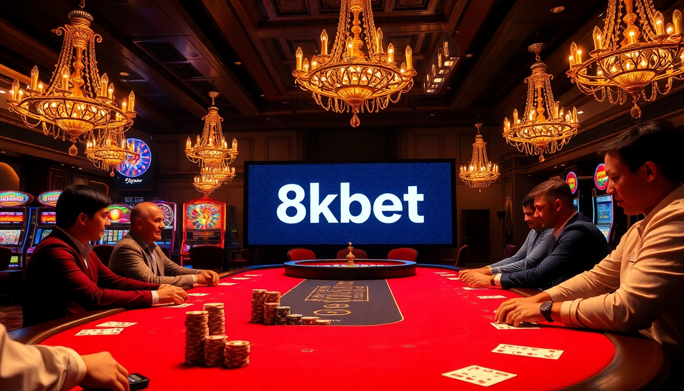Play poker at the opulent 8kbet casino, featuring vibrant chips and intense action.