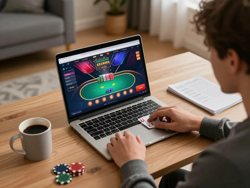 Engaging online poker gameplay on 88vvgo, showcasing player strategy in a cozy home setting.