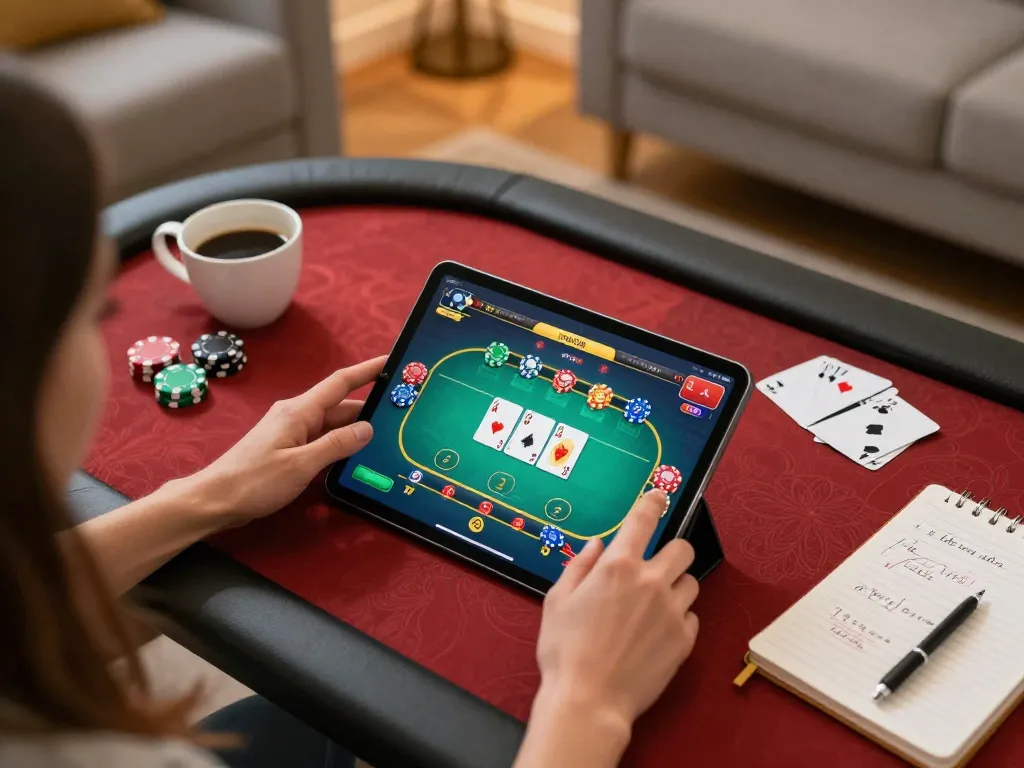 Engaging in online poker at uu8855, showcasing cards and chips on tablet amidst a cozy home setting