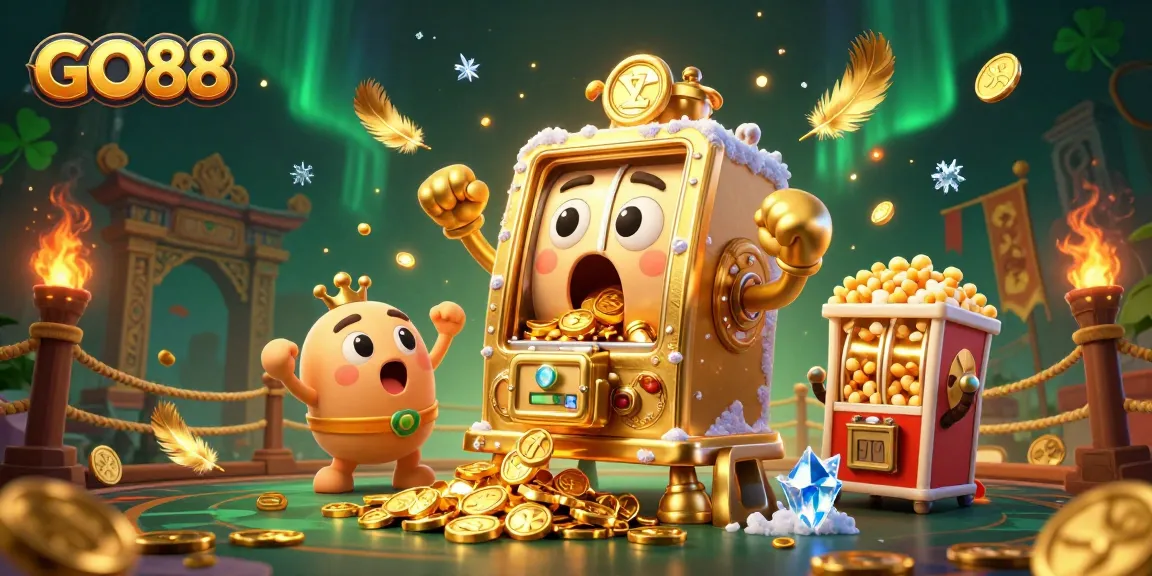 Experience the thrilling jackpots of GO88 as playful slot machines celebrate wins with coins raining down.