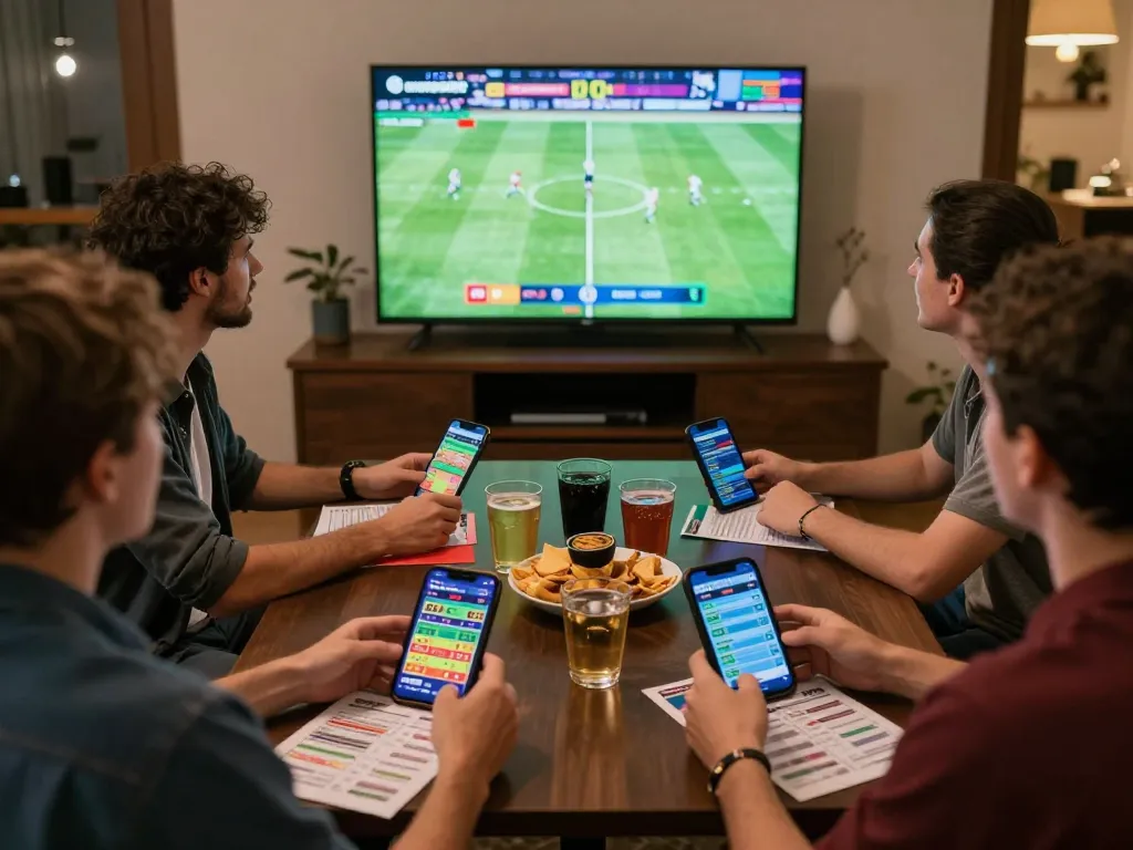 Friends excitedly watching a football game while checking ผลบอล through live sports betting apps.