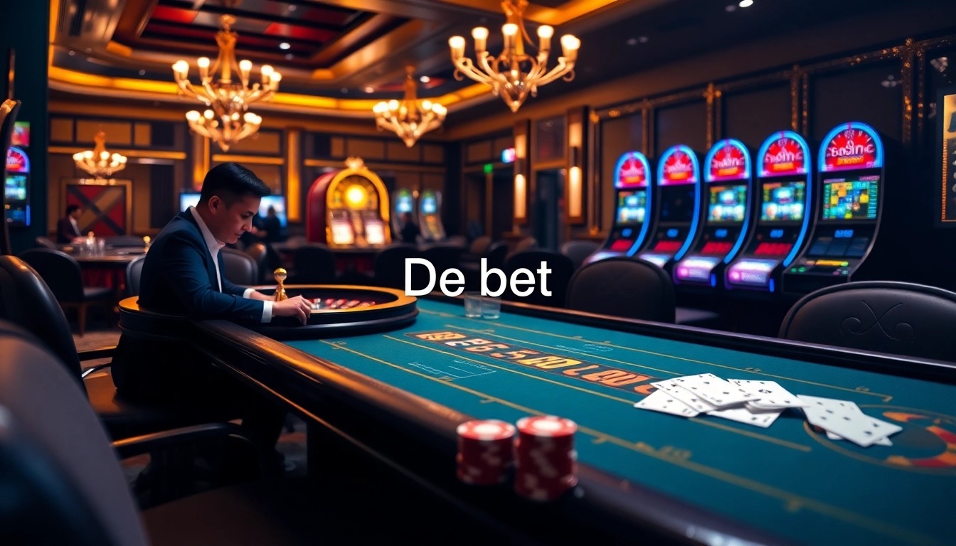 A vibrant online casino scene featuring De bet gaming strategy with poker and roulette tables.